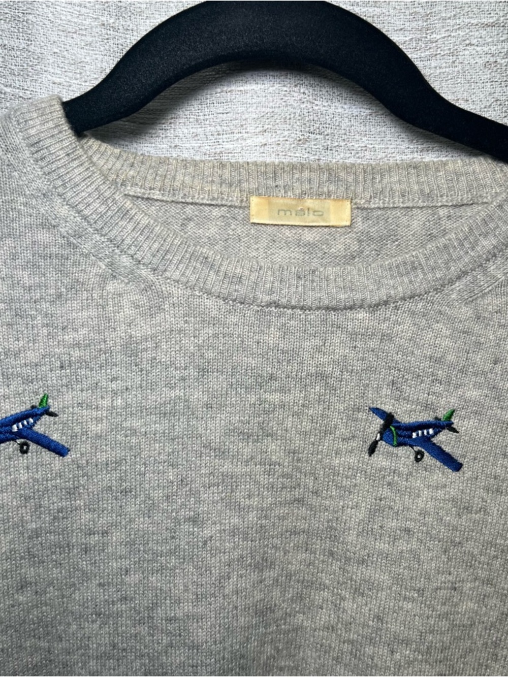 Malo 100% Cashmere Lux Sweater Gray Airplane Embroidered Crewneck Made in Italy - Picture 7 of 16